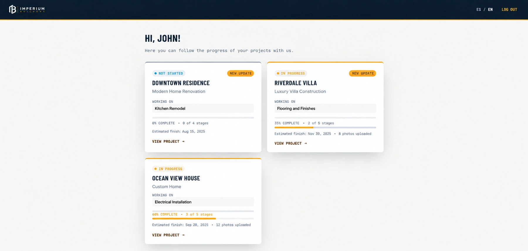 Client portal dashboard showing all active projects and their status