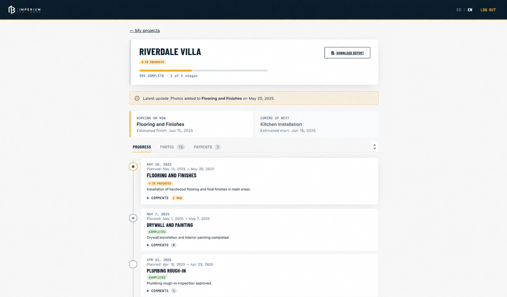 Client portal project detail showing a stage-by-stage progress timeline